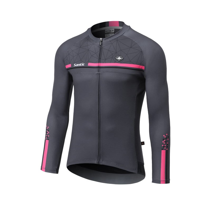 Santic قميص دراجات سانتيك للرجال بأكمام طويلة مع سحاب كامل وReflective جيوب رمادي - Image 1